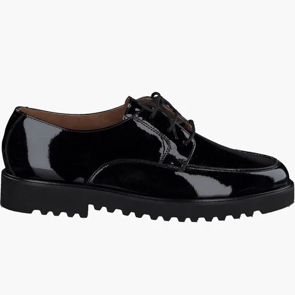 NEW Paul Green Audra Lug Sole Derby Black Patent Leather Loafers with Suede - Picture 2 of 7
